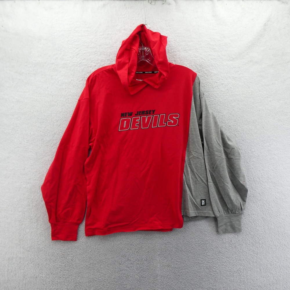 DKNY Hoodie Womens Small New Jersey Devils Red Grey Colorblock Long Sleeve Top